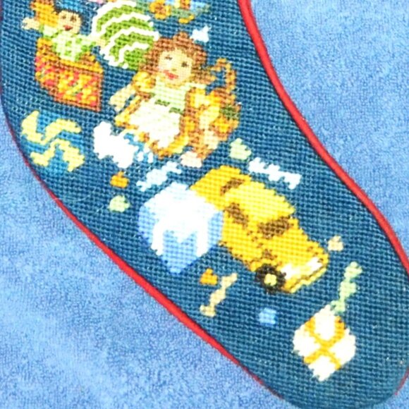 Handmade Needlepoint Christmas Stocking Vintage Toy Tree Scene Holiday Decor - Picture 5 of 5